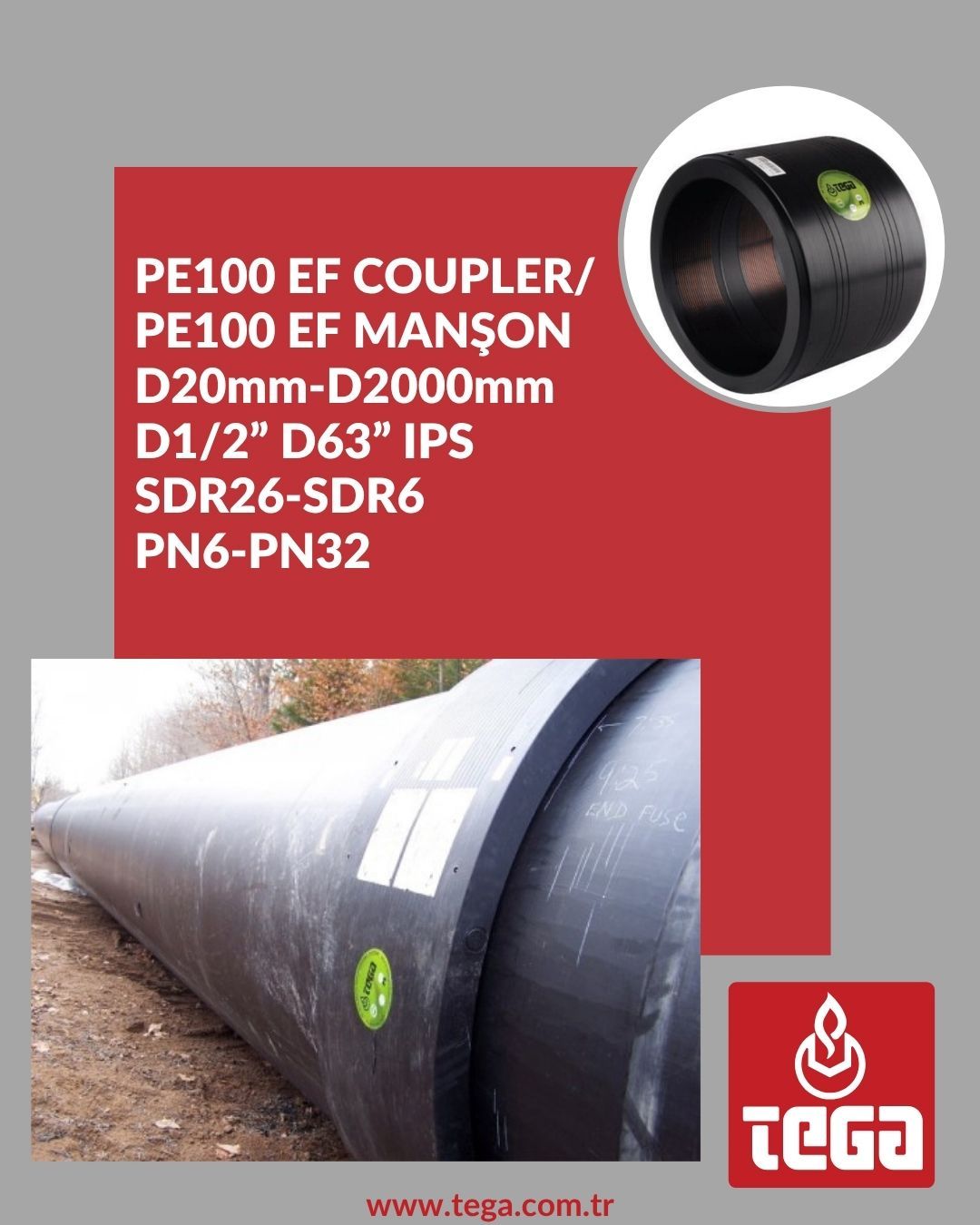 Tega | PE100 EF COUPLER D20mm-D2000mm D1/2” D63” IPS SDR26-SDR6 PN6-PN32