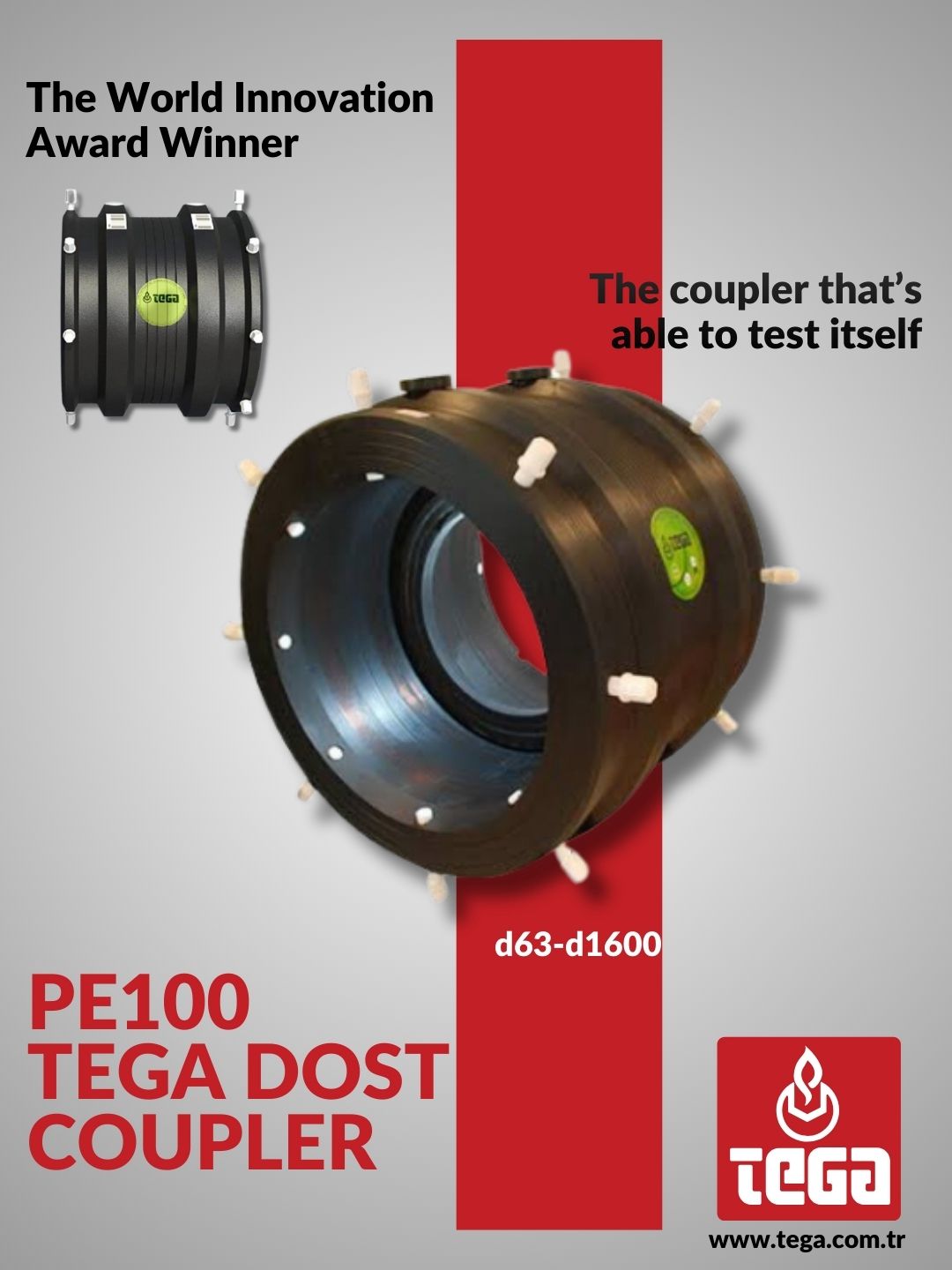 Tega | The World Innovation Award Winner, PE100 Tega Dost Coupler.  The coupler that’s able to test itself.  d63-d1600